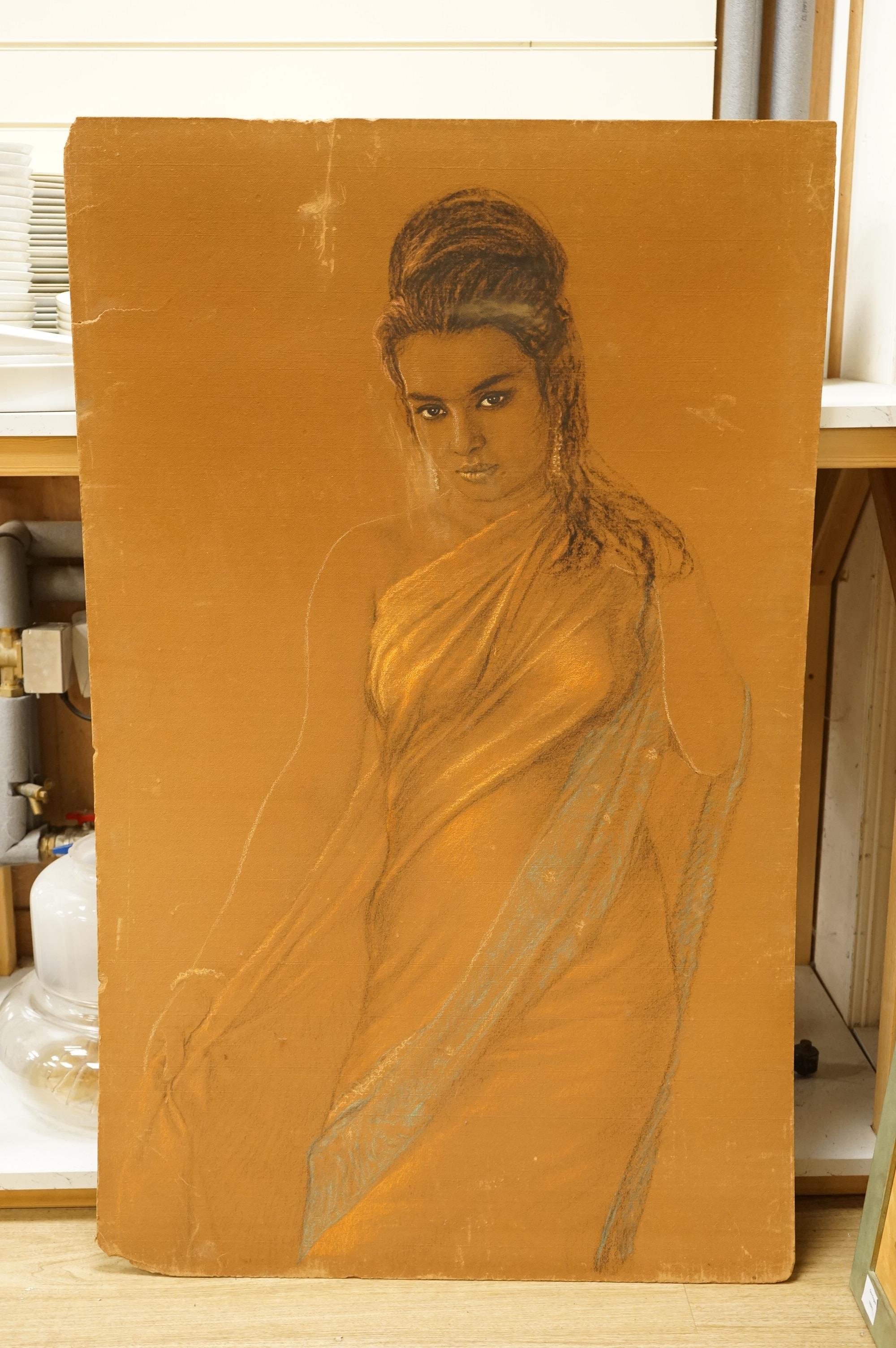 20th century School, Studies of a nude woman and one wearing a Grecian robe, unsigned, pair of pastels on canvas board, 121 x 76cm, unframed